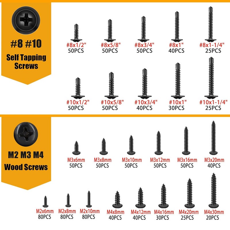weideer 1095pcs Self Tapping Screws for Metal, #8#10 M2 M3 M4 410 Stainless Steel Screws Assortment Kit Black Oxide Truss Head and Phillips Pan Head Metal Screw - Image 3