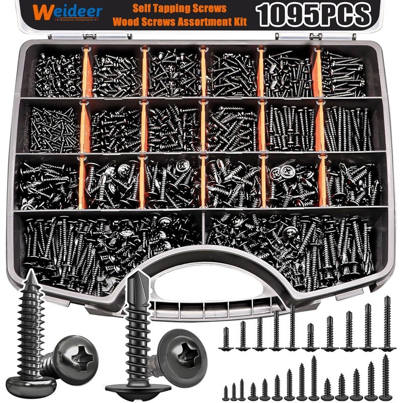 weideer 1095pcs Self Tapping Screws for Metal, #8#10 M2 M3 M4 410 Stainless Steel Screws Assortment Kit Black Oxide Truss Head and Phillips Pan Head Metal Screw - Image 1