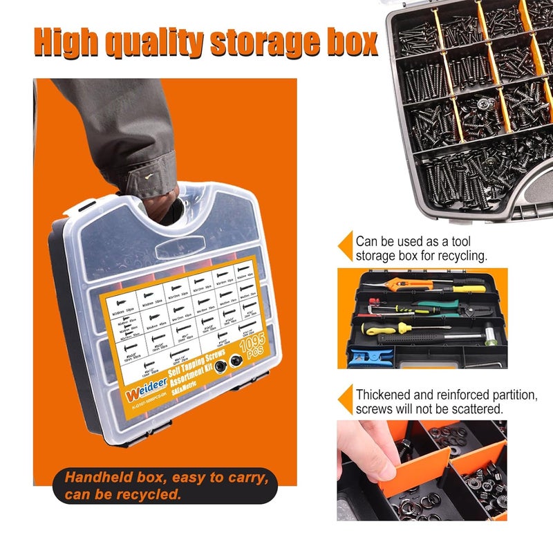 weideer 1095pcs Self Tapping Screws for Metal, #8#10 M2 M3 M4 410 Stainless Steel Screws Assortment Kit Black Oxide Truss Head and Phillips Pan Head Metal Screw - Image 2