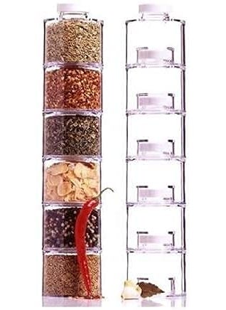 Ostin Acrylic Transparent Spice Tower Container Set 6 Bottle Stackable Spice Rack Carousel Spice Tower Space Saving Kitchen Spice Jars Herbs Condiments Spices Seasoning Box Jars with Lids