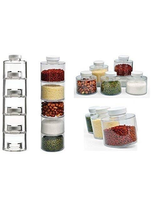 Ostin Acrylic Transparent Spice Tower Container Set 6 Bottle Stackable Spice Rack Carousel Spice Tower Space Saving Kitchen Spice Jars Herbs Condiments Spices Seasoning Box Jars with Lids