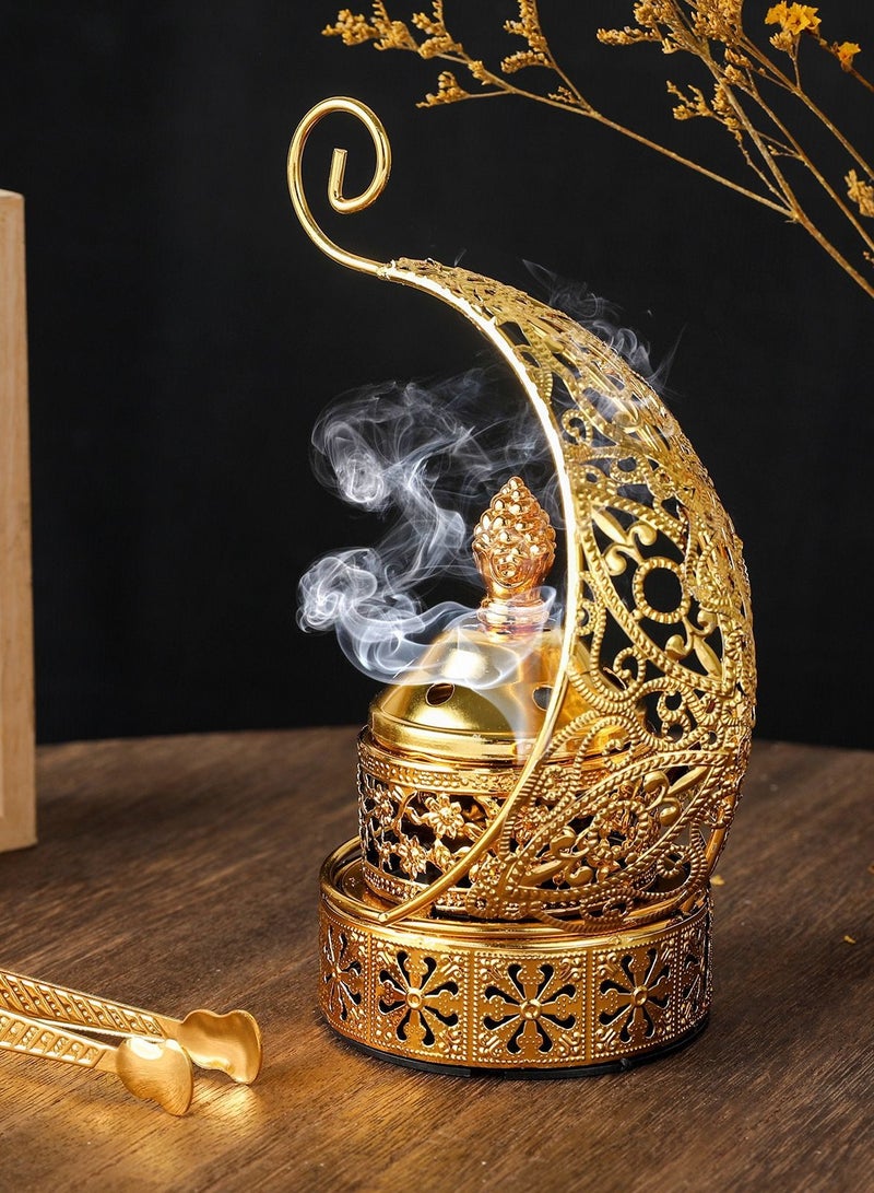 مذبحة عود ذهبية بالشكل الهلالي المفرز بالتفاصيل الدقيقة - مذبحة رائحة عطرية أنيقة للتأمل وديكور المنزل - Image 1