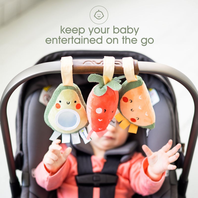 Pearhead Fruit Stroller Toys, Stocking Stuffers for Babies, Newborn Ideas, Plush Interactive Toy Set for Baby Car Seat with Hanging Mirror, Strawberry Avocado Watermelon, Set of 3 - Image 2