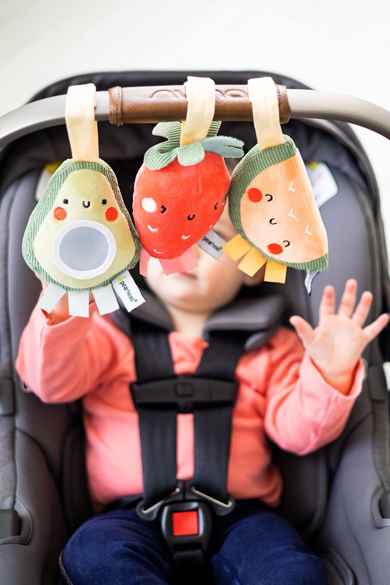 Pearhead Fruit Stroller Toys, Stocking Stuffers for Babies, Newborn Ideas, Plush Interactive Toy Set for Baby Car Seat with Hanging Mirror, Strawberry Avocado Watermelon, Set of 3 - Image 5