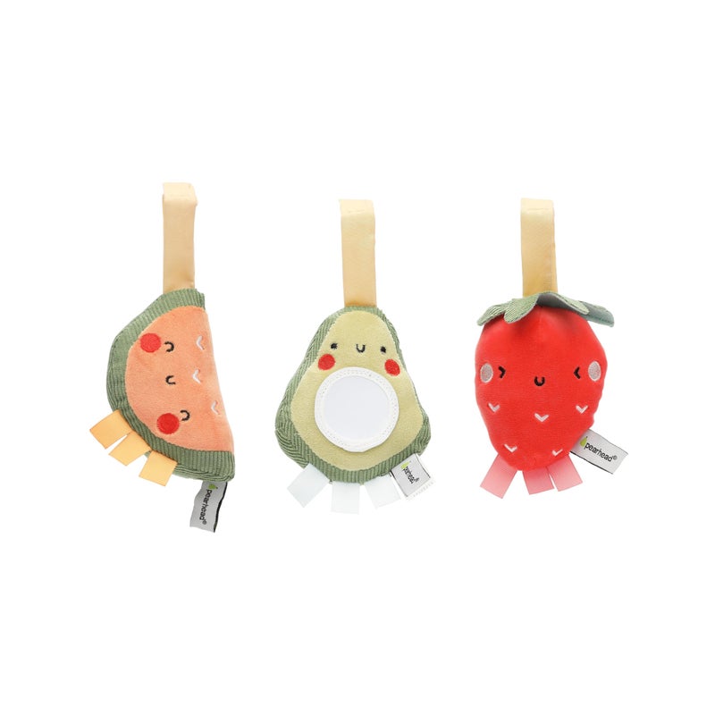 Pearhead Fruit Stroller Toys, Stocking Stuffers for Babies, Newborn Ideas, Plush Interactive Toy Set for Baby Car Seat with Hanging Mirror, Strawberry Avocado Watermelon, Set of 3 - Image 1