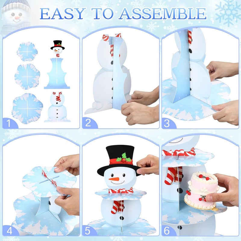 Zopeal حامل كعك زوبيل ثلاثي الطبقات لشتاء عيد الميلاد على شكل رجل ثلج، حامل كعك من الكرتون، حامل كعك دائري الشكل مزين برقائق الثلج لعيد الميلاد، لوازم حفلات الزفاف، عيد الميلاد، عيد الميلاد الجديد، وحفلات أعياد الميلاد - Image 4