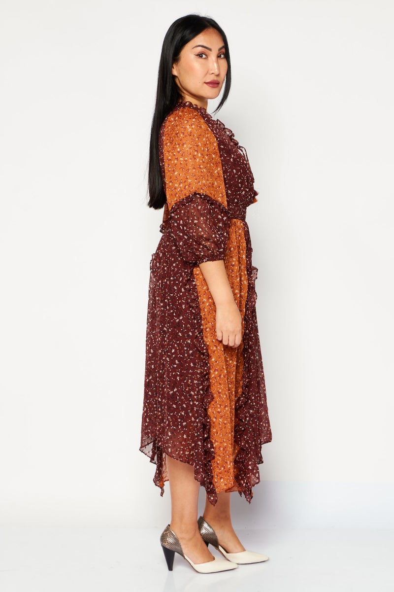 VERO MODA فستان ميدي مطبوع بالكامل للنساء، بني - Image 3