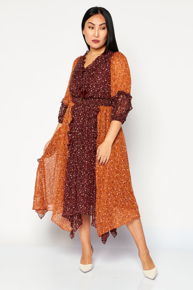 VERO MODA فستان ميدي مطبوع بالكامل للنساء، بني - Image 1