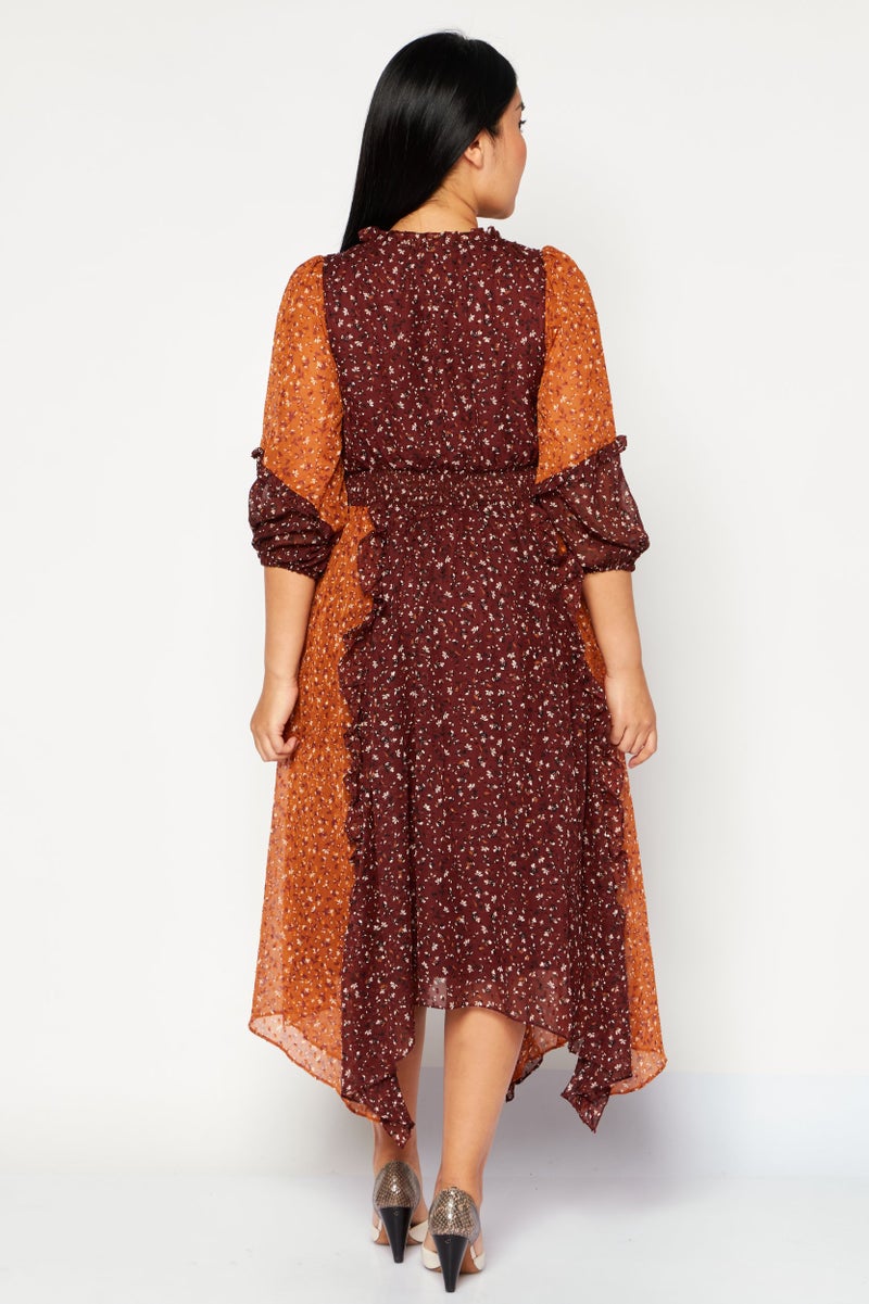 VERO MODA فستان ميدي مطبوع بالكامل للنساء، بني - Image 4