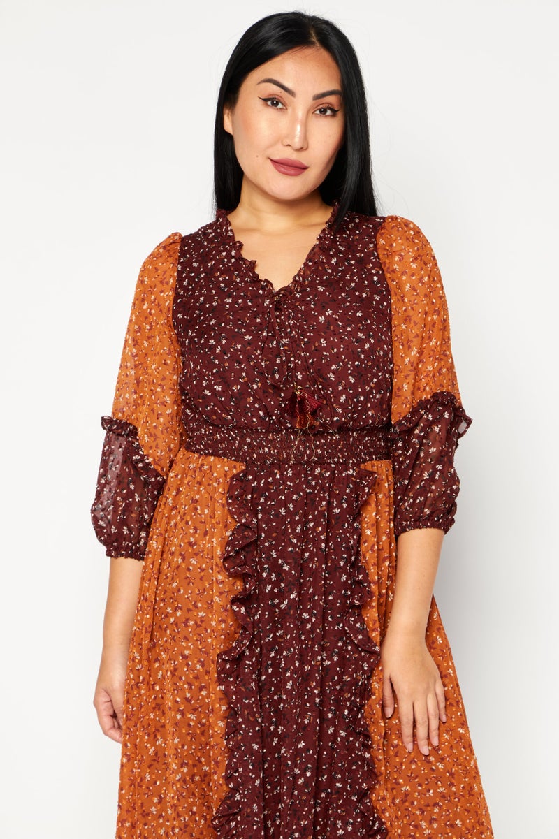 VERO MODA فستان ميدي مطبوع بالكامل للنساء، بني - Image 2