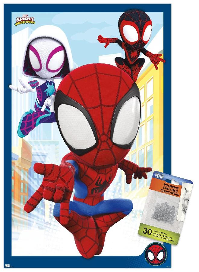 Trends International Marvel Spidey And His Amazing Friends - Group Wall Poster, 14.725" x 22.375", Premium Poster & Push Pin Bundle - Image 1
