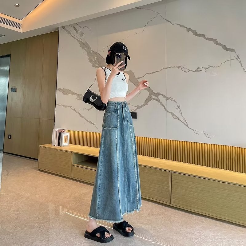 1 x 5 pcs Plus Size 2025 Spring Summer New Style High-Waisted Vintage Fringe Long Denim Skirt Slimming Trendy Fashionable Mid-Length Dress Blue 