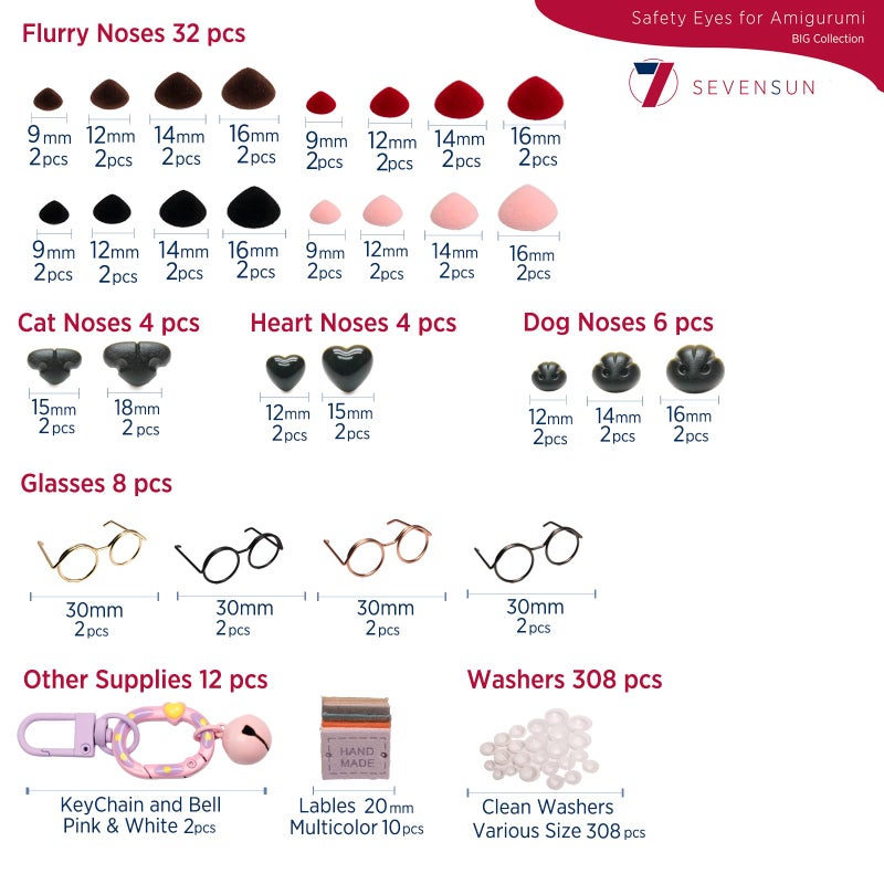 SEVENSUN 636 PCS Safety Eyes for Crocheting, Crochet Safety Eyes and Noses for Amigurumi Crochet Animals Craft Doll Eye Glasses - Image 3