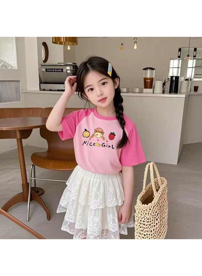 Girls Pure Cotton Raglan Color-blocked Round Neck Short-sleeved Summer New Style Medium And Large Children's Casual Versatile Half-sleeved Bottoming Shirt