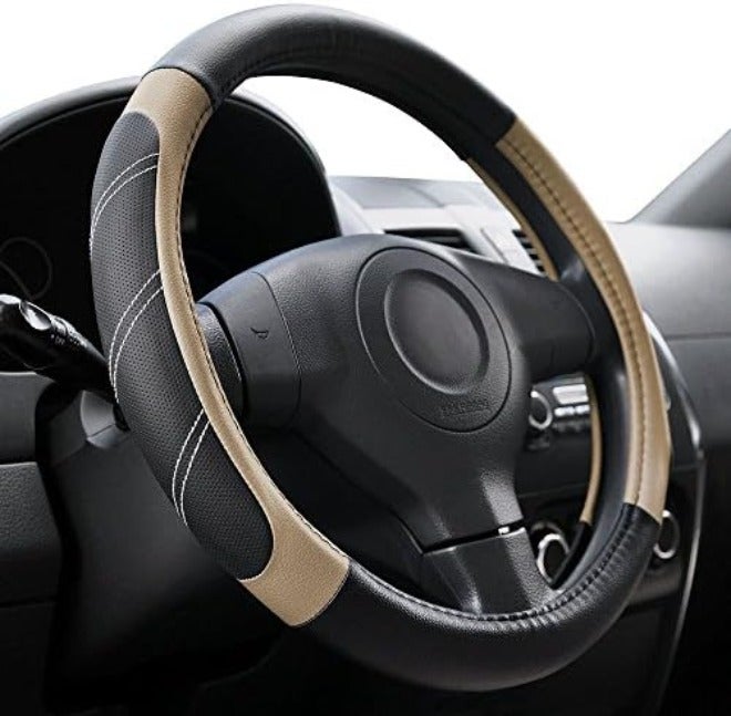 Elantrip Leather Large Steering Wheel Cover 15 1/2 to 16 inch Soft Grip Breathable for Car Truck SUV Jeep Anti Slip Black and  Gray - Image 2