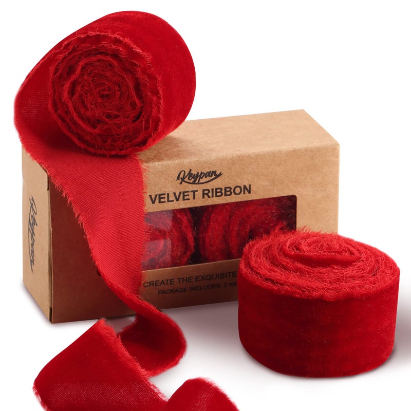 Keypan Velvet Ribbon for Gift Wrapping Red Handmade Fringe Ribbons for Crafts Bouquet Christmas Decorations 2 Rolls 1 12 Inch x 2 Yd 4 Yards Total