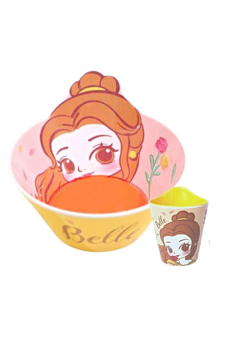 Disney Melamine Anti Shock Drop Proof Dining Bowl and Cup Set for Kids and Toddlers  perfect for cereal, snacks, juice, or milk.(Belle) - Image 1