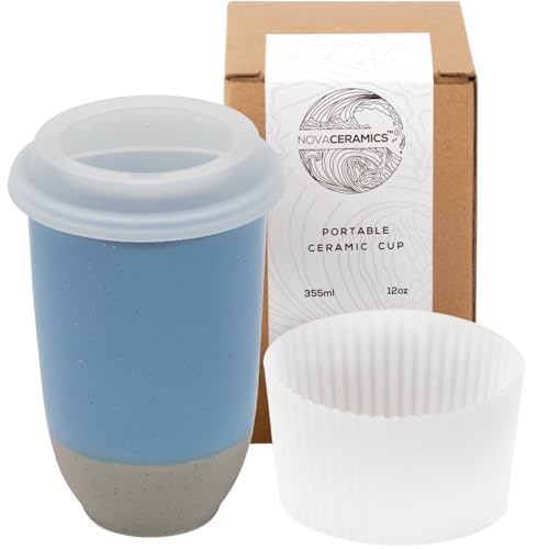 NOVA CERAMICS Travel Mug - Ceramic Coffee Mug With Lid – Microwave & Dishwasher Safe Coffee White & Grey Tumbler - Fits In Cup Holder – 12oz – Coastal Drift - Image 1