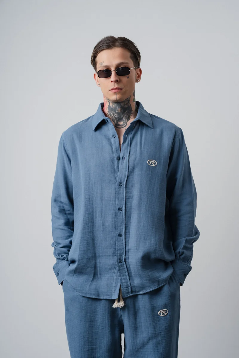 RESPIRE Men's R Embroidered Long-Sleeve Muslin Oversize Shirt Light Blue