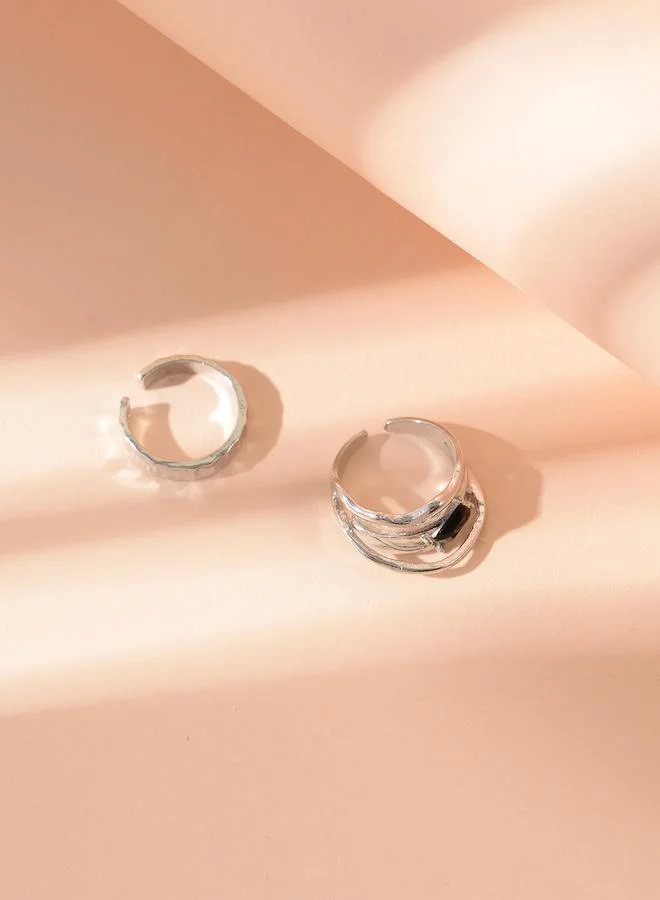 تايك تو Pack of 2 - Silver Tone Textured Rings with Black Stone