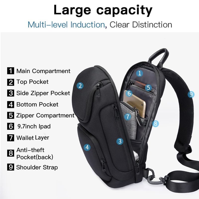 BANGE Mens Sling Bag, Waterproof Man Bags Crossbody, Casual Crossbody Backpack for Outdoors Hiking Traveling Men and Women-Black - Image 2