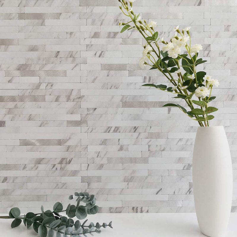 DICOFUN 10-Sheet Peel and Stick Backsplash Tile, Faux White Marble Look PVC Mixed Metal Stick on Backsplash Tiles for Kitchen and Bathroom, 9.4 sq.ft - Image 2