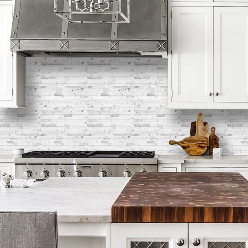 DICOFUN 10-Sheet Peel and Stick Backsplash Tile, Faux White Marble Look PVC Mixed Metal Stick on Backsplash Tiles for Kitchen and Bathroom, 9.4 sq.ft - Image 4