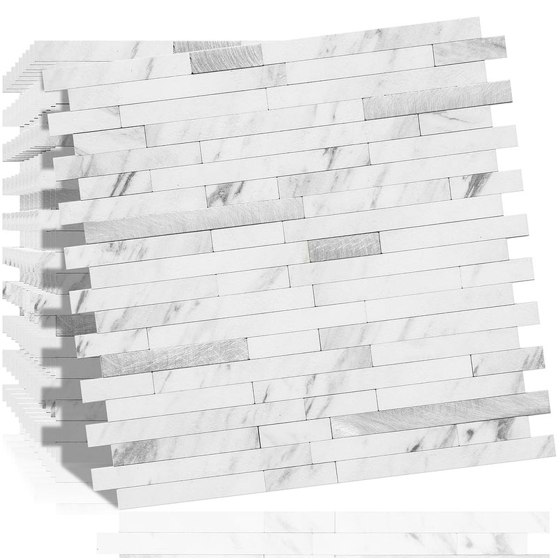 DICOFUN 10-Sheet Peel and Stick Backsplash Tile, Faux White Marble Look PVC Mixed Metal Stick on Backsplash Tiles for Kitchen and Bathroom, 9.4 sq.ft - Image 1
