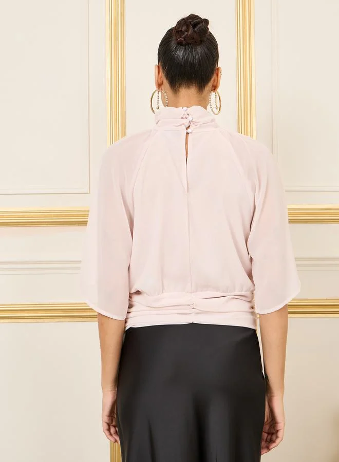 ستايلي Floral Applique Gathered Detail Hem High Neck Blouse