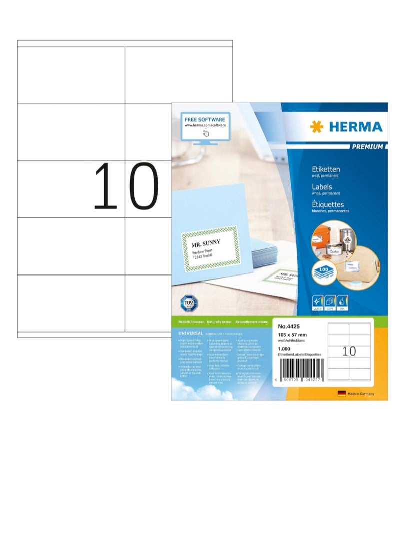 Herma Multipurpose Self Adhesive Labels, 10 Labels Per A4 Sheet, 1000 Labels for Laser and Inkjet Printers, Large, 105 x 57mm  - Image 1