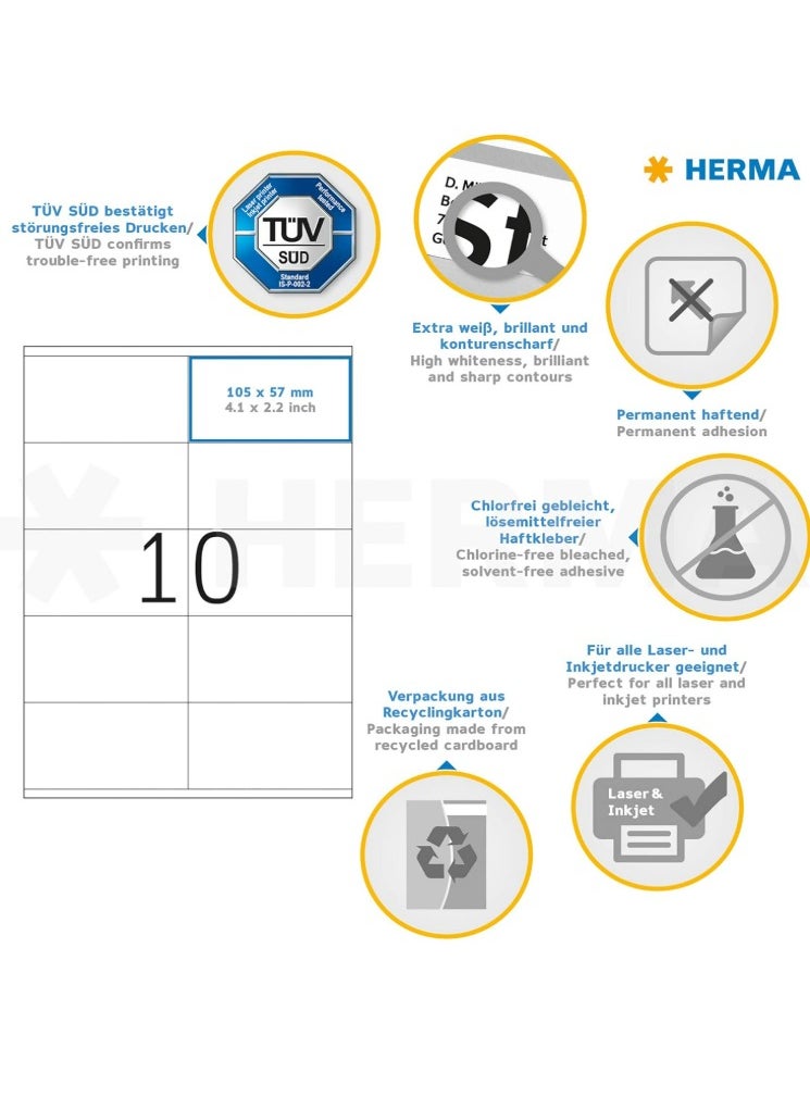 Herma Multipurpose Self Adhesive Labels, 10 Labels Per A4 Sheet, 1000 Labels for Laser and Inkjet Printers, Large, 105 x 57mm  - Image 5