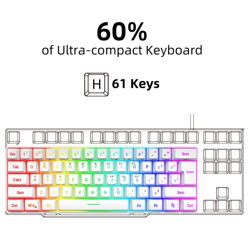 Snpurdiri 60% Wired Gaming Keyboard, 61 Keys RGB Backlit Wrist Rest Ultra-Compact Mini Waterproof Keyboard for PC Computer Gamer (White) - Image 2