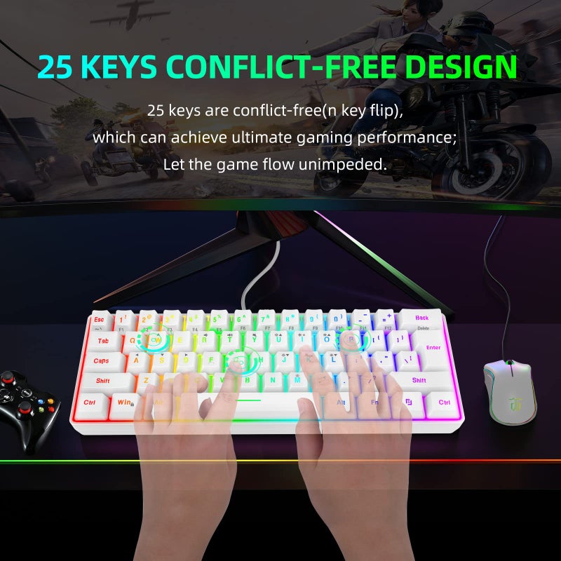 Snpurdiri 60% Wired Gaming Keyboard, 61 Keys RGB Backlit Wrist Rest Ultra-Compact Mini Waterproof Keyboard for PC Computer Gamer (White) - Image 3
