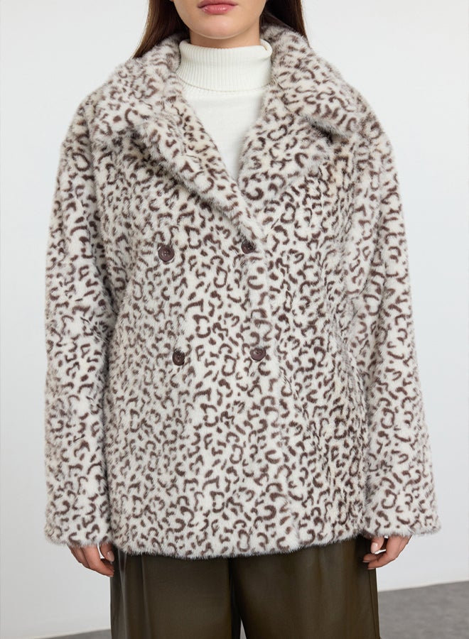 trendyol Multi-Colored Brown Leopard Pattern Oversize Fit Long Fur Coat - Image 4