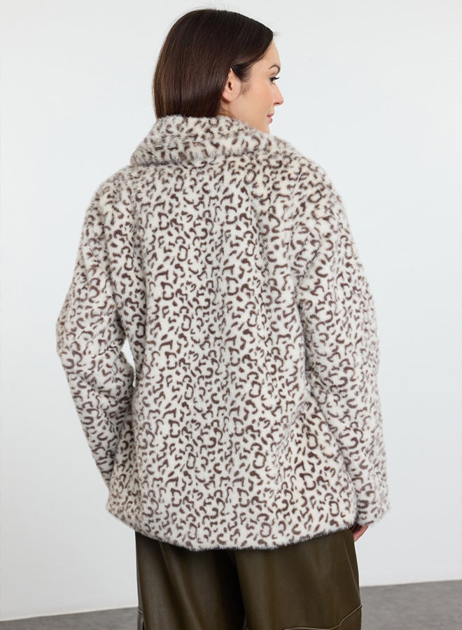 trendyol Multi-Colored Brown Leopard Pattern Oversize Fit Long Fur Coat - Image 5