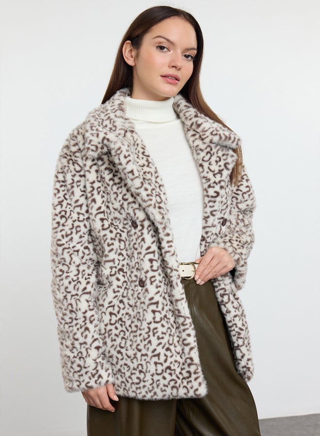 trendyol Multi-Colored Brown Leopard Pattern Oversize Fit Long Fur Coat - Image 3