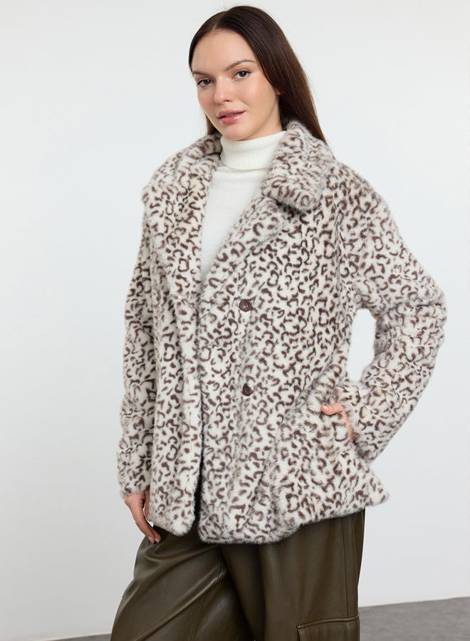 trendyol Multi-Colored Brown Leopard Pattern Oversize Fit Long Fur Coat - Image 2