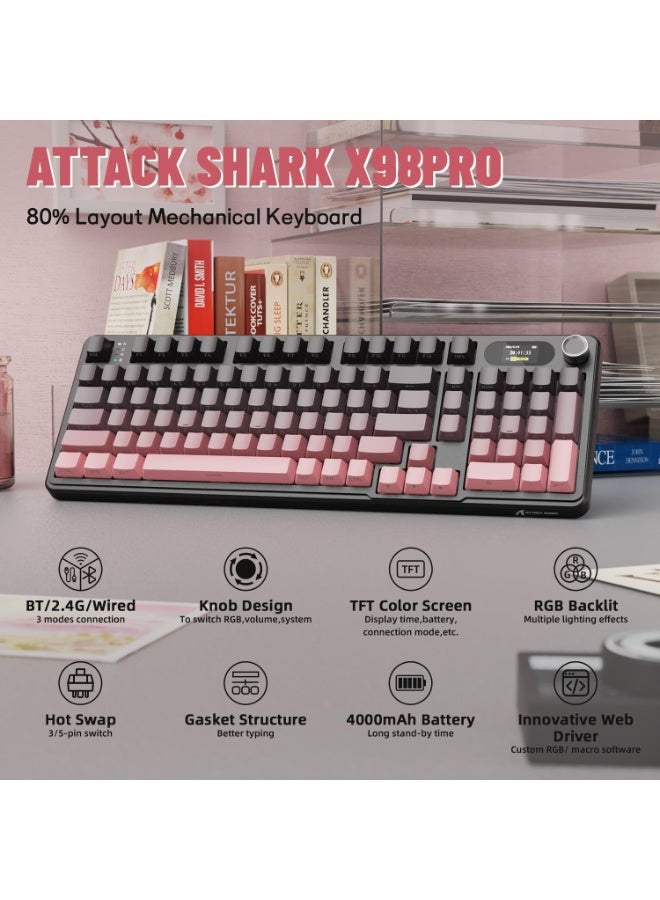 هجوم القرش كيبورد ميكانيكي لاسلكي اتاك شارك X98 برو مع شاشة ومقبض 2.4G/USB-C/بلوتوث 5.0 قابل للتبديل السريع 102 مفتاح، كيبورد العاب باضاءة RGB للكمبيوتر وماك وبلاي ستيشن 4 واكس بوكس - Image 2