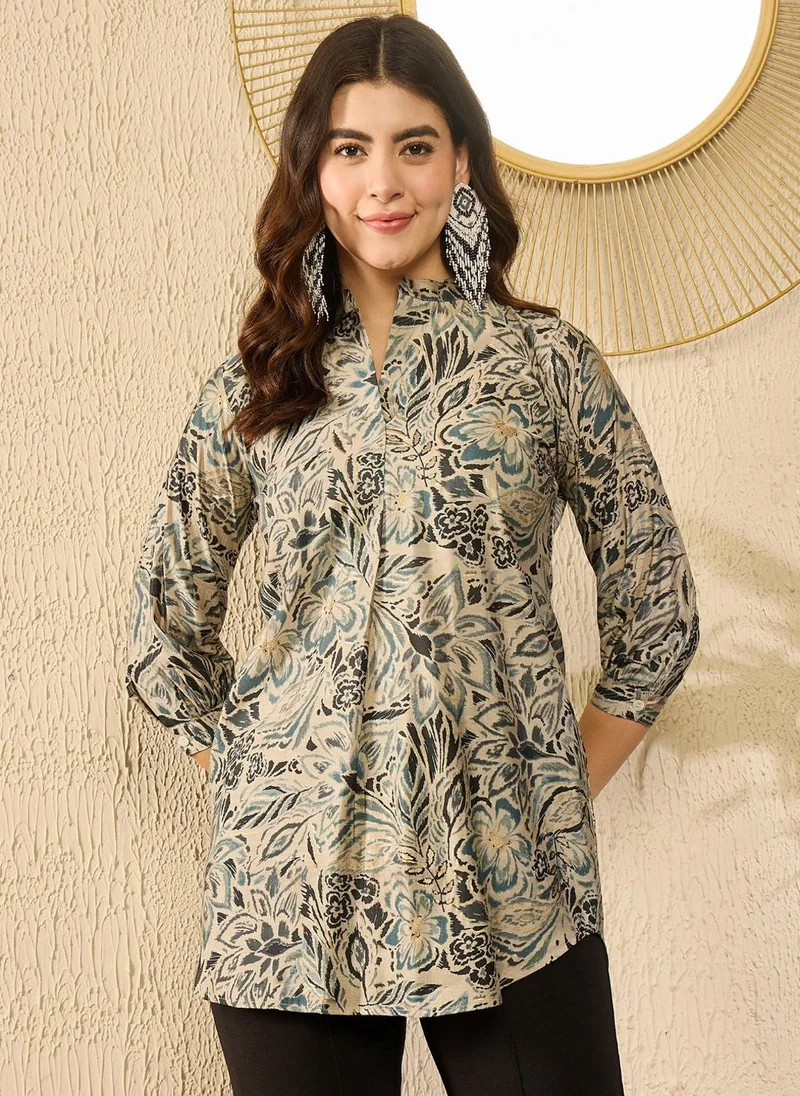 زيري سوق Blue Silk Blend Floral Printed Tunic Top