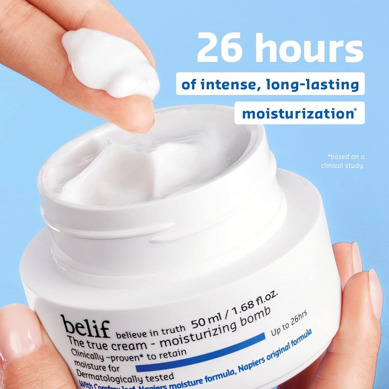 belif بليف كريم الترطيب الحقيقي 25 مل أفضل مرطب مكثف لترطيب لمدة 26 ساعة تركيبة مهدئة ومغذية مع بانثينول وورق كومفري ومستخلص الشوفان حل مرطب للبشرة الجافة والحساسة والمجففة إصلاح البشرة وتغذيتها - Image 3