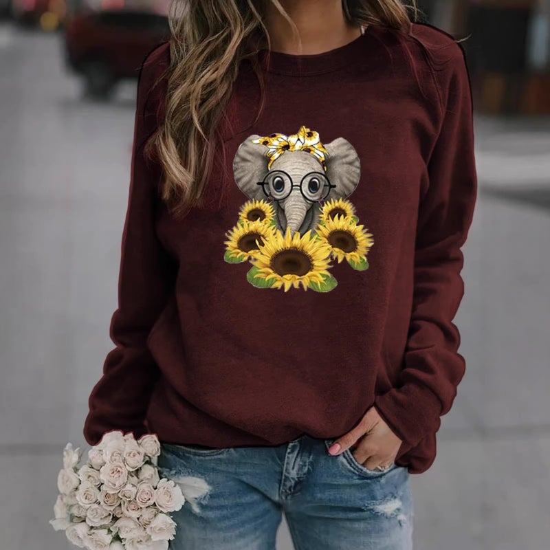 2023Wish Spring New Style Baby Elephant Flower Print Long-Sleeved Round Neck T-Shirt Women'S Top - Image 4