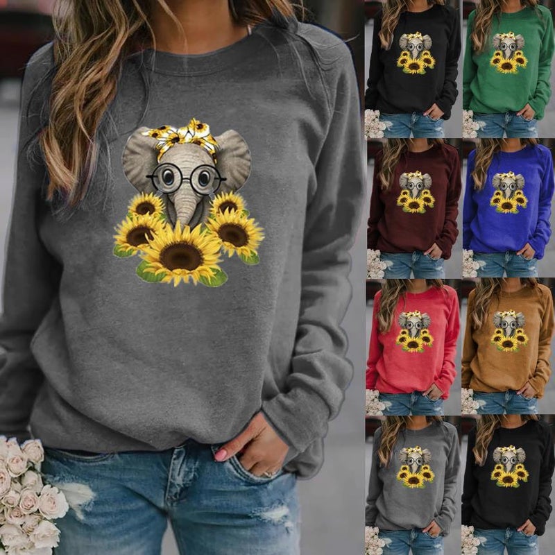 2023Wish Spring New Style Baby Elephant Flower Print Long-Sleeved Round Neck T-Shirt Women'S Top - Image 2