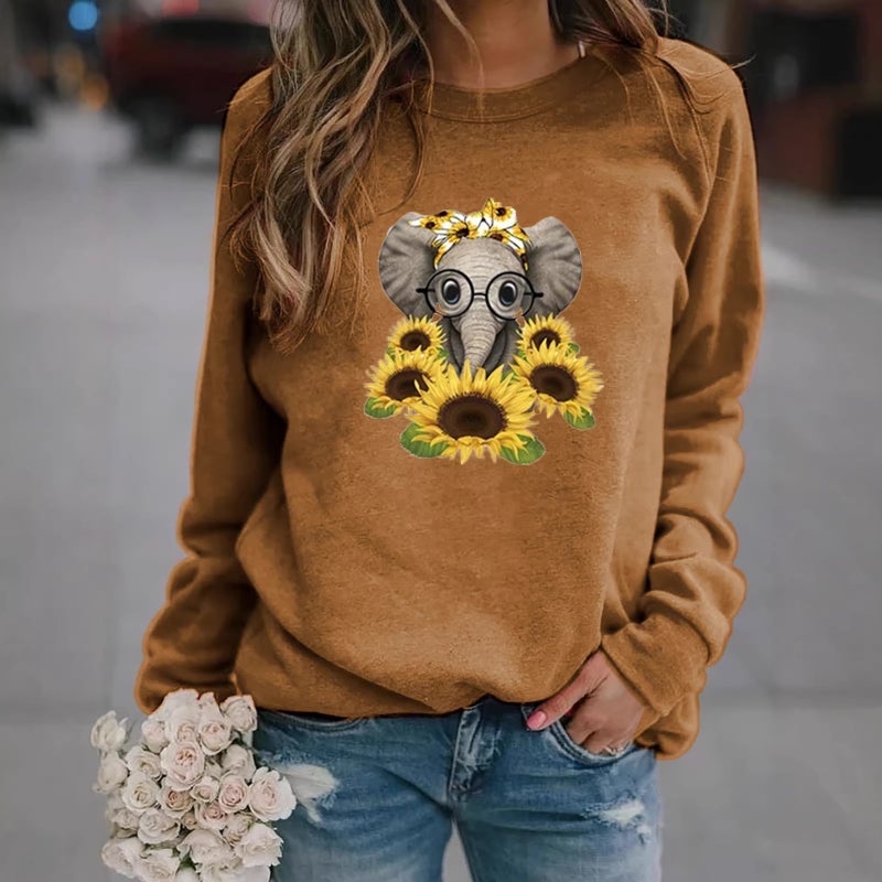 2023Wish Spring New Style Baby Elephant Flower Print Long-Sleeved Round Neck T-Shirt Women'S Top - Image 5