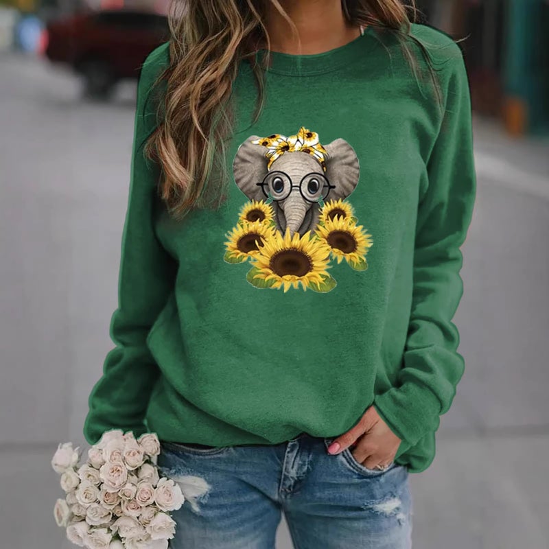 2023Wish Spring New Style Baby Elephant Flower Print Long-Sleeved Round Neck T-Shirt Women'S Top - Image 3