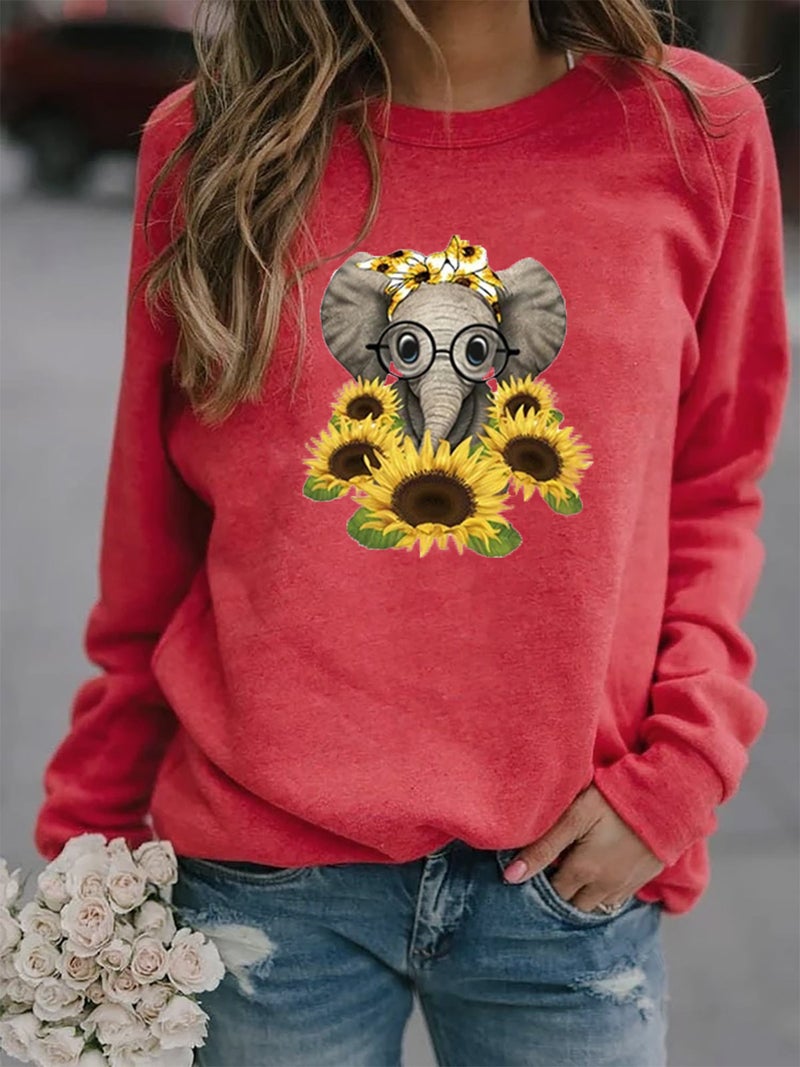 2023Wish Spring New Style Baby Elephant Flower Print Long-Sleeved Round Neck T-Shirt Women'S Top - Image 1