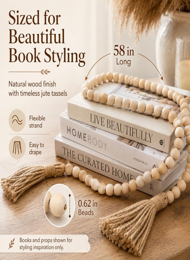 PROBENEX 58in Wood Bead Garland with Tassels, Farmhouse Rustic Decor for Coffee Table & Shelf (Natural) - Image 5