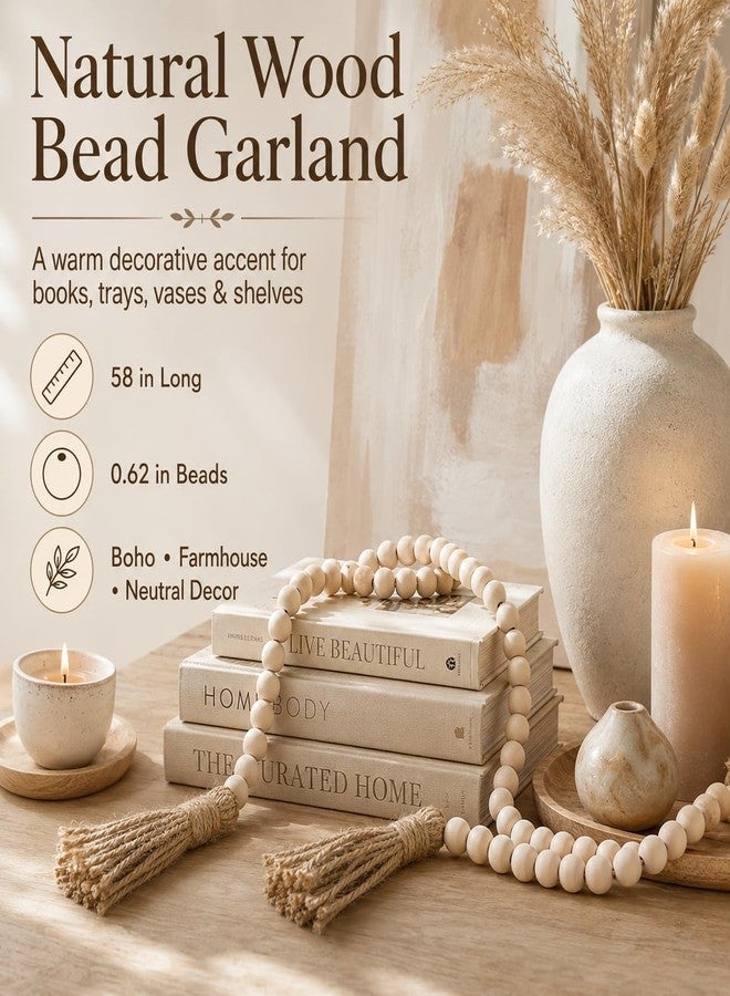 PROBENEX 58in Wood Bead Garland with Tassels, Farmhouse Rustic Decor for Coffee Table & Shelf (Natural) - Image 2
