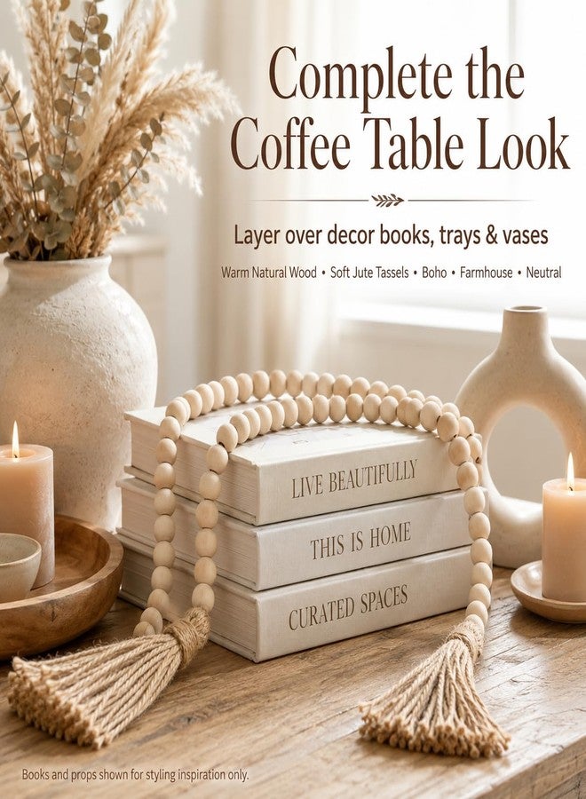 PROBENEX 58in Wood Bead Garland with Tassels, Farmhouse Rustic Decor for Coffee Table & Shelf (Natural) - Image 3