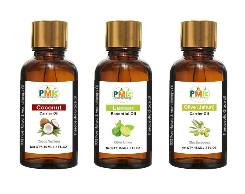 PMK 100% Pure and Natural Coconut Oil, Olive Carrier Oil & Lemon Essential Oil for Skin, Hair, Body and Face, 15 ml each