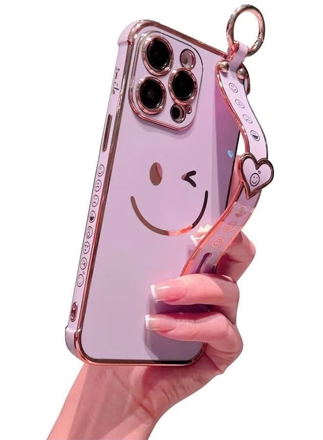 iPhone 14 Pro Max Case for Women,Bling Glitter Plating Smile Face Cover with Strap & Camera Lens Protection Soft TPU Shockproof Bumper Phone Case for iPhone 14 Pro Max (Purple) - Image 1